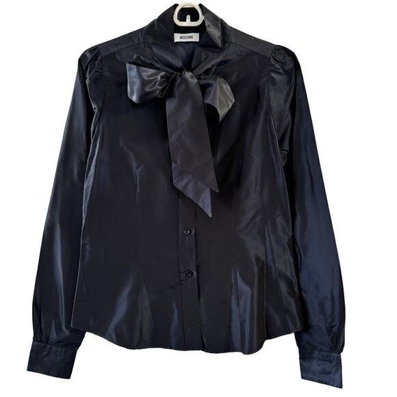 Moschino Silk Bow Tie Button up Women’s Size 8 Casual Shirt Navy Blue - Picture 1 of 9